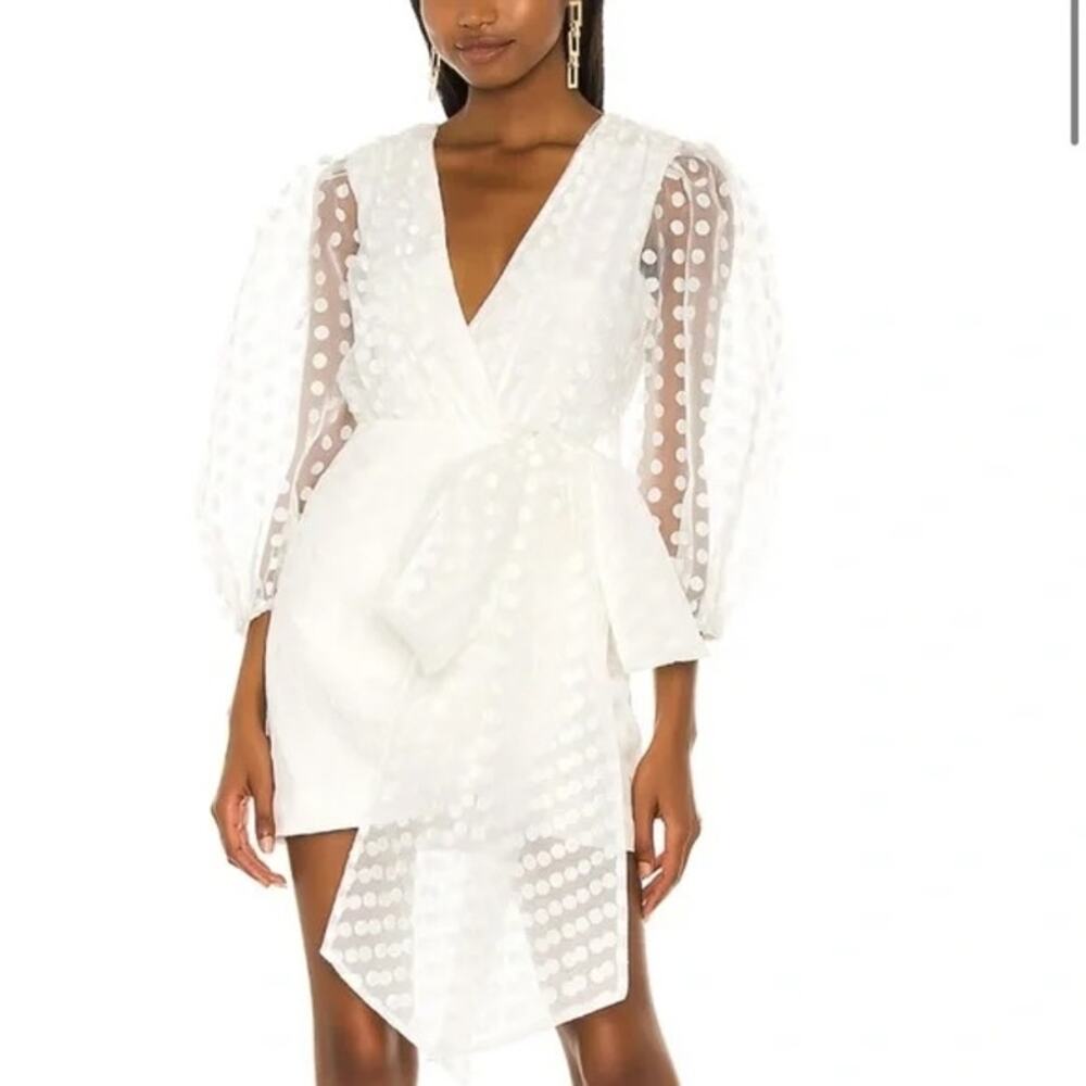 Lovers + Friends Alize Sheer Sleeve Polka Dot Bow Mini Dress White XL